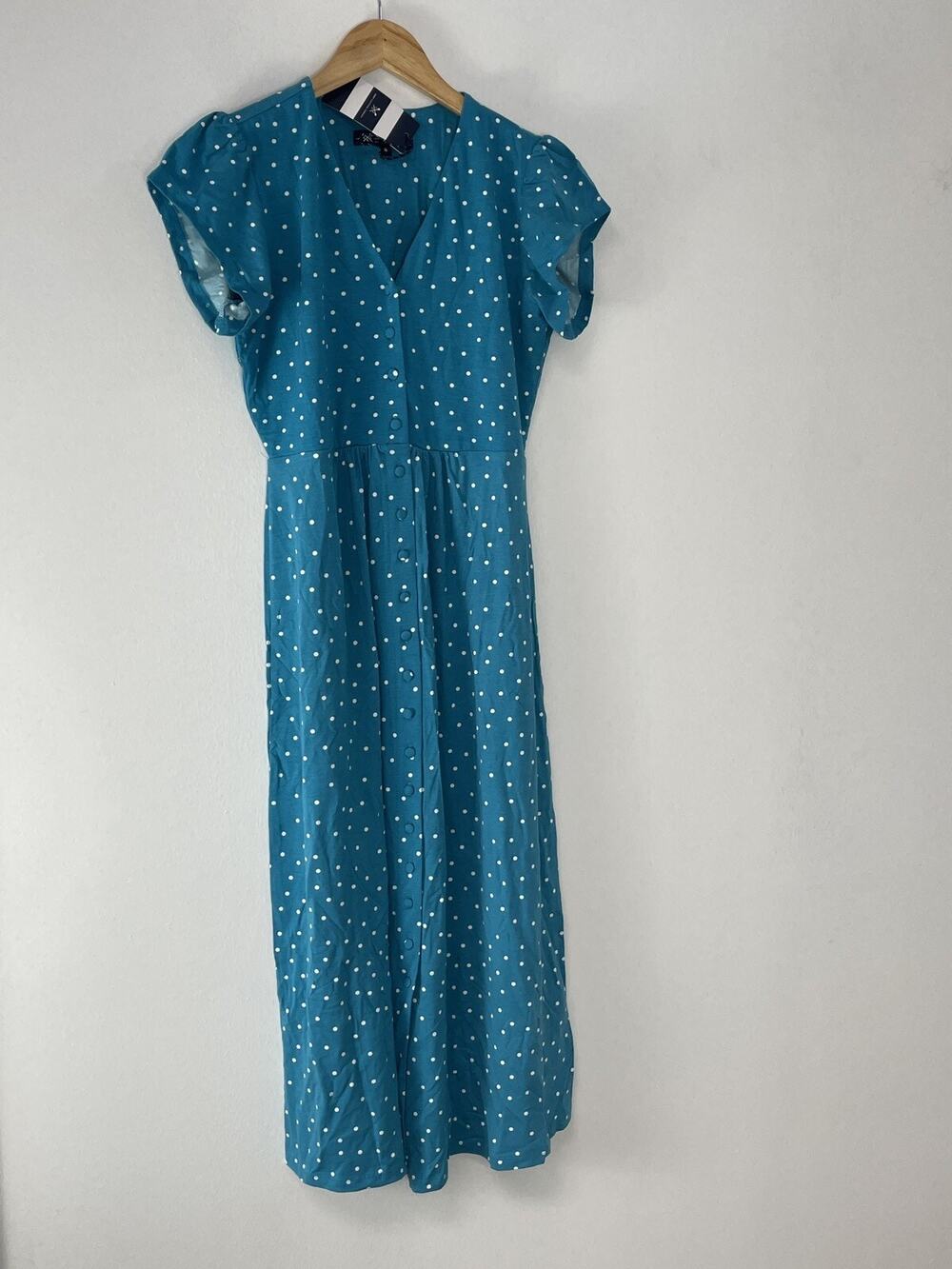 Crew Clothing Dress Women 6 A Line Polka Dot Short Sleeve Blue Viscose UK:10 n32